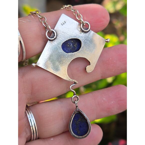 Vintage Sterling Silver & Blue Lapis Lazuli Modernist Pendant Necklace, 17" - Picture 8 of 10